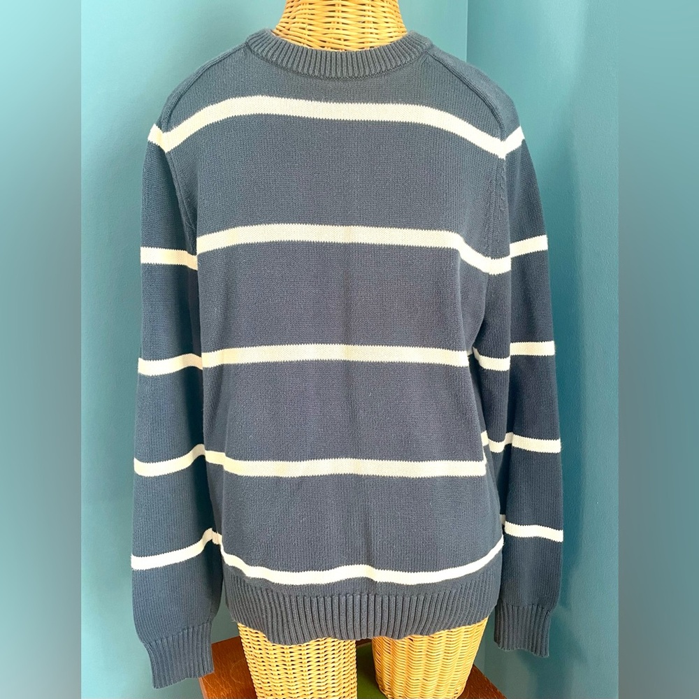 J Crew Men’s Navy Cream Striped 100% Cotton Crew Neck Sweater Size Medium